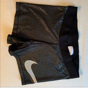 Nike Women's Shimmer Black Athletic Shorts with Silver Swoosh